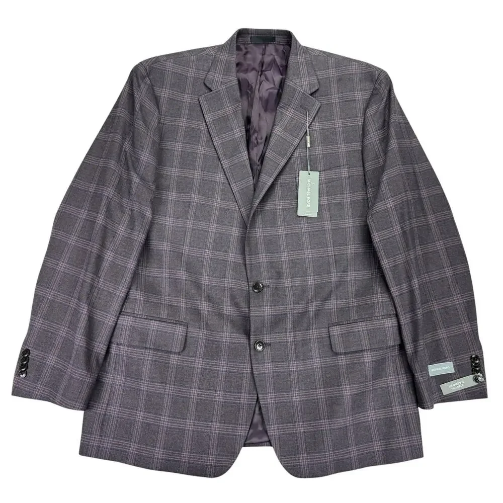 Michael Kors Mens Kent Classic Fit Stretch Plaid Sport Coat Burgundy 46L